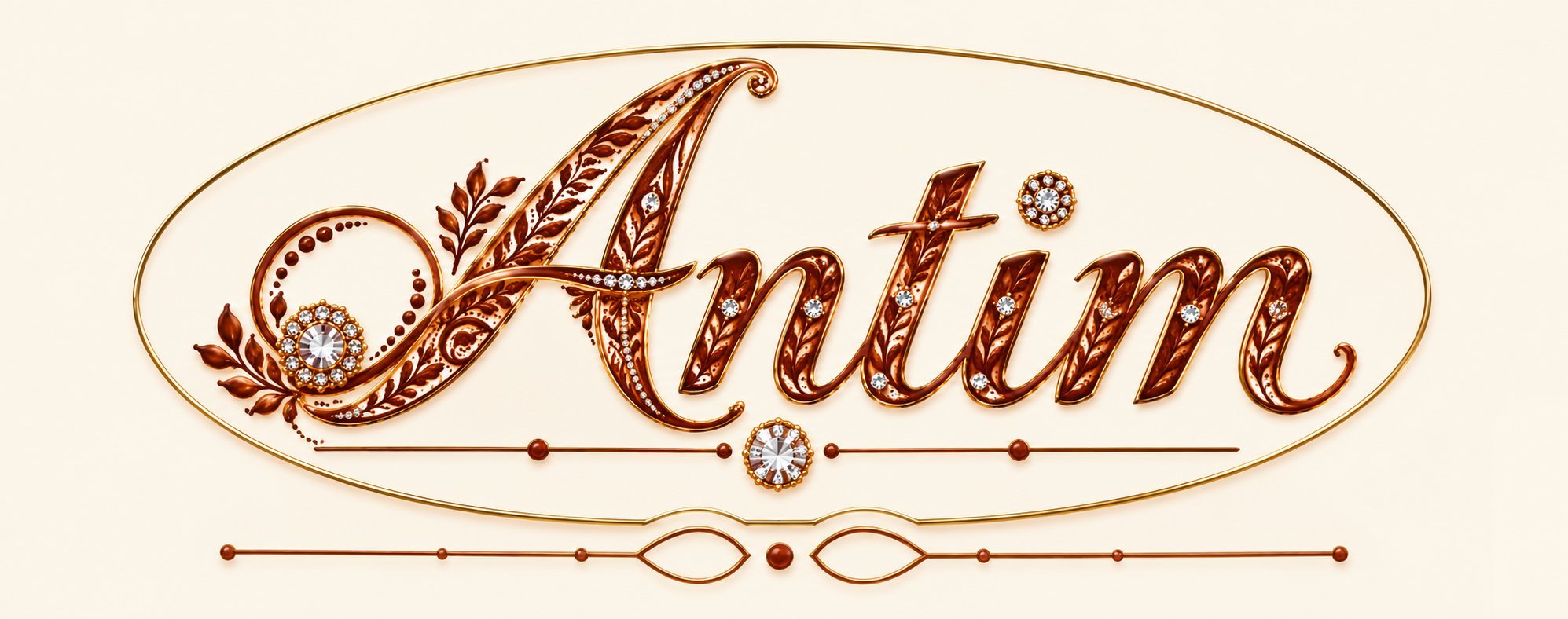 Antim — her name written in henna-brown jeweled calligraphy inside a gold oval; the founder's henna signature, signing her story