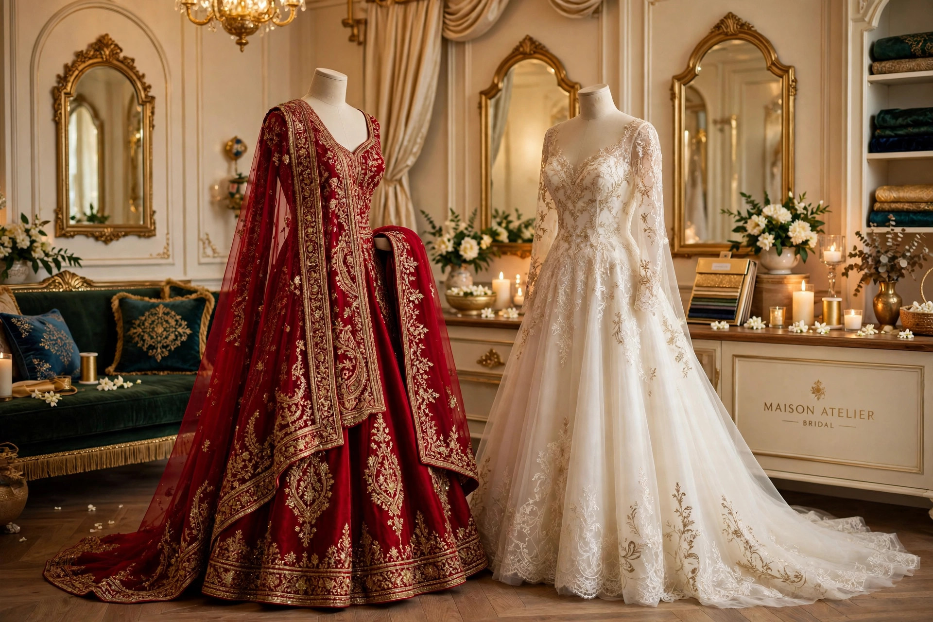Inside the bridal atelier: a crimson bridal lehenga with antique gold zardozi and a double dupatta on one dress form, an ivory bridal gown with gold threadwork on another, before arched gold mirrors
