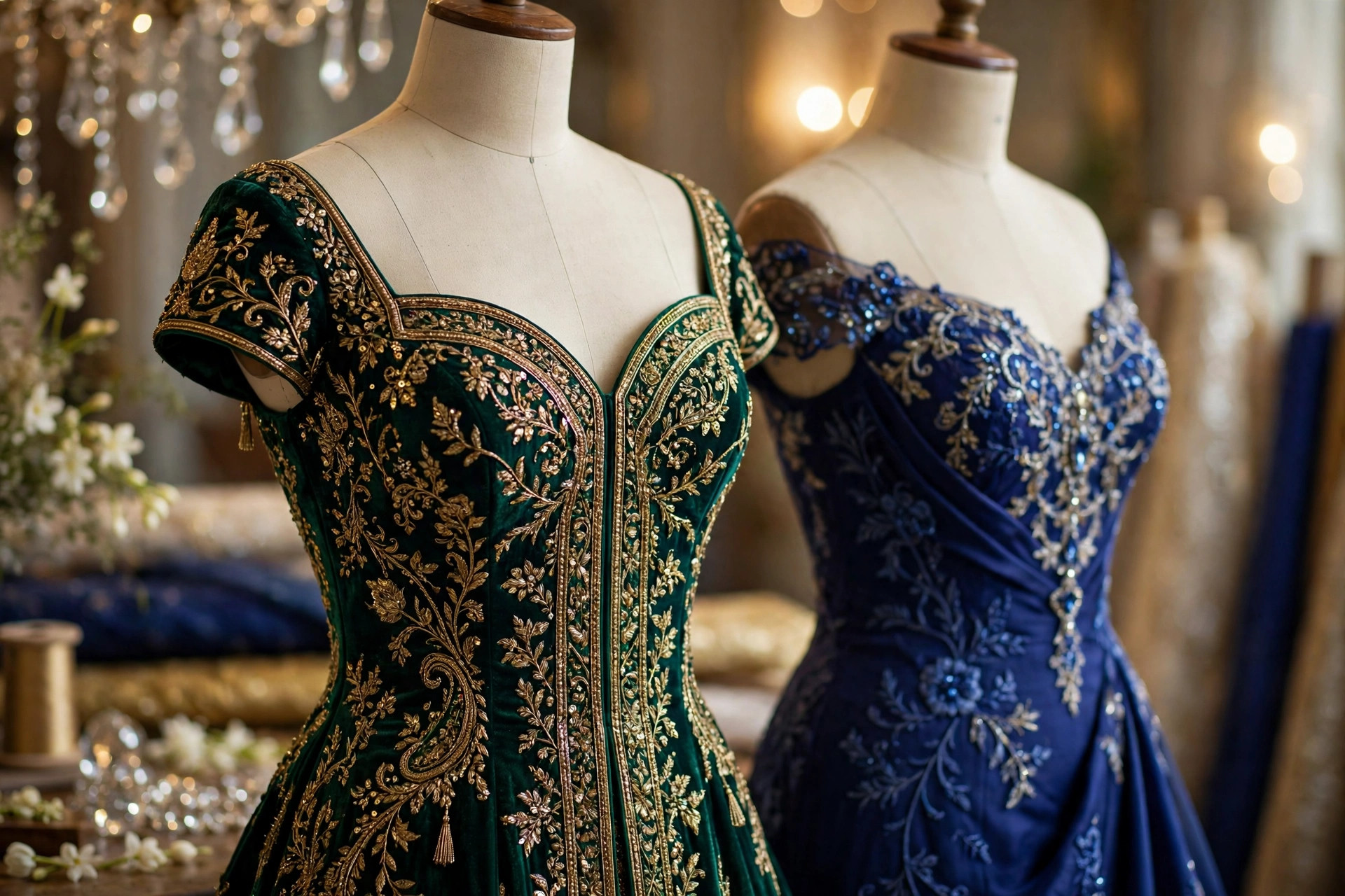 The Glam collection: an emerald velvet gown covered in gold zardozi embroidery on a dress form, with a royal-blue embroidered reception gown beside it, under crystal light