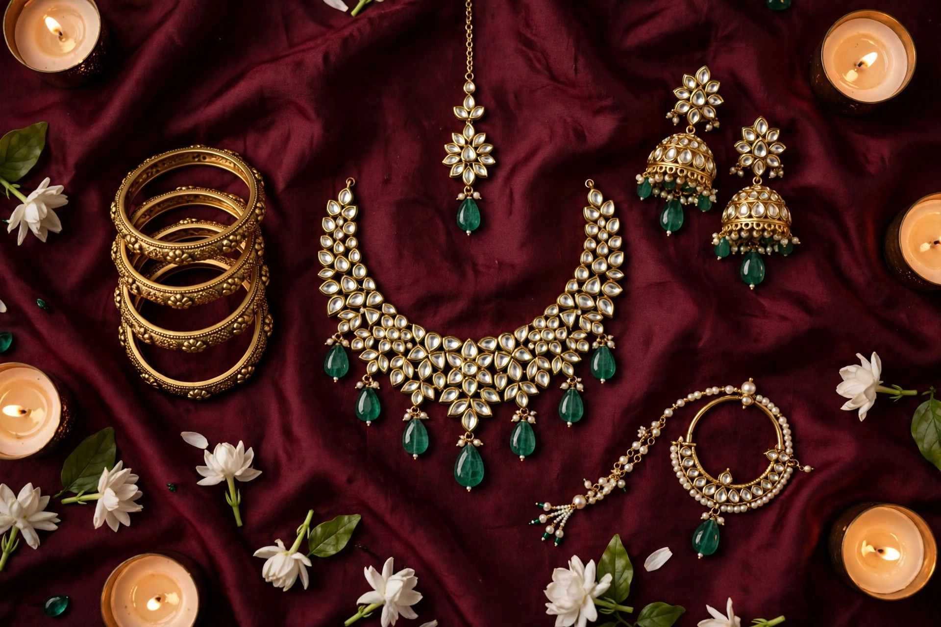 A kundan polki bridal set laid on deep maroon silk: a necklace with emerald drops, jhumka earrings, a maang tikka, a pearl nath and gold bangles, among jasmine flowers and candles