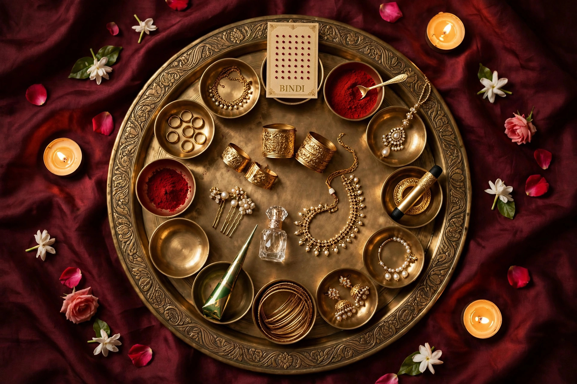 The sixteen adornments arranged on an engraved brass tray over maroon silk: a bindi card, bowls of sindoor and kumkum, gold bangles and cuffs, a necklace and earrings, hair ornaments, a henna cone and a crystal itar bottle, with candles and rose petals