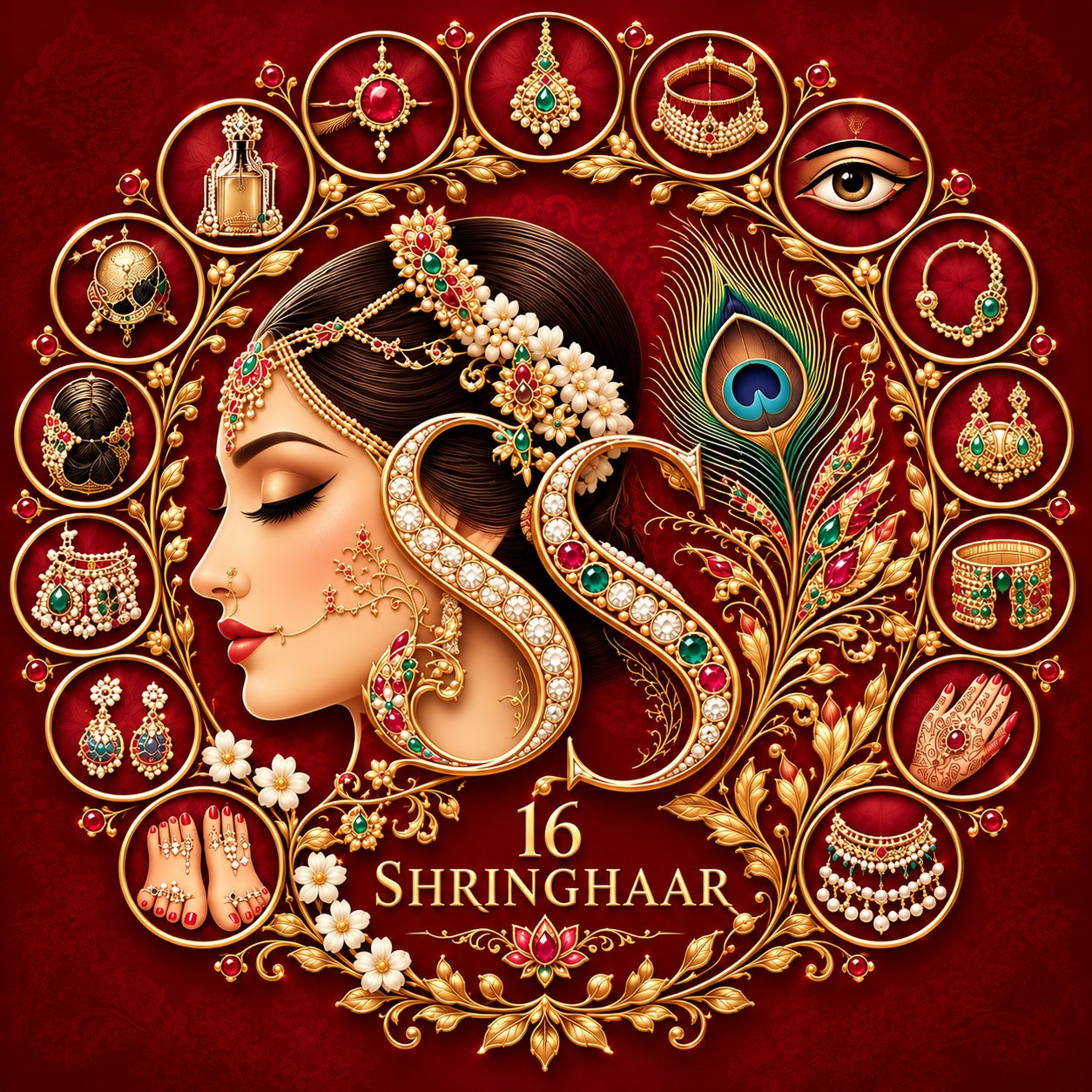 The 16 Shringhaar emblem on deep red: a bride in profile wearing gold and jewel ornaments, a jewel-studded 16 at her side, a peacock feather, and medallions of the adornments around her, above the words 16 Shringhaar