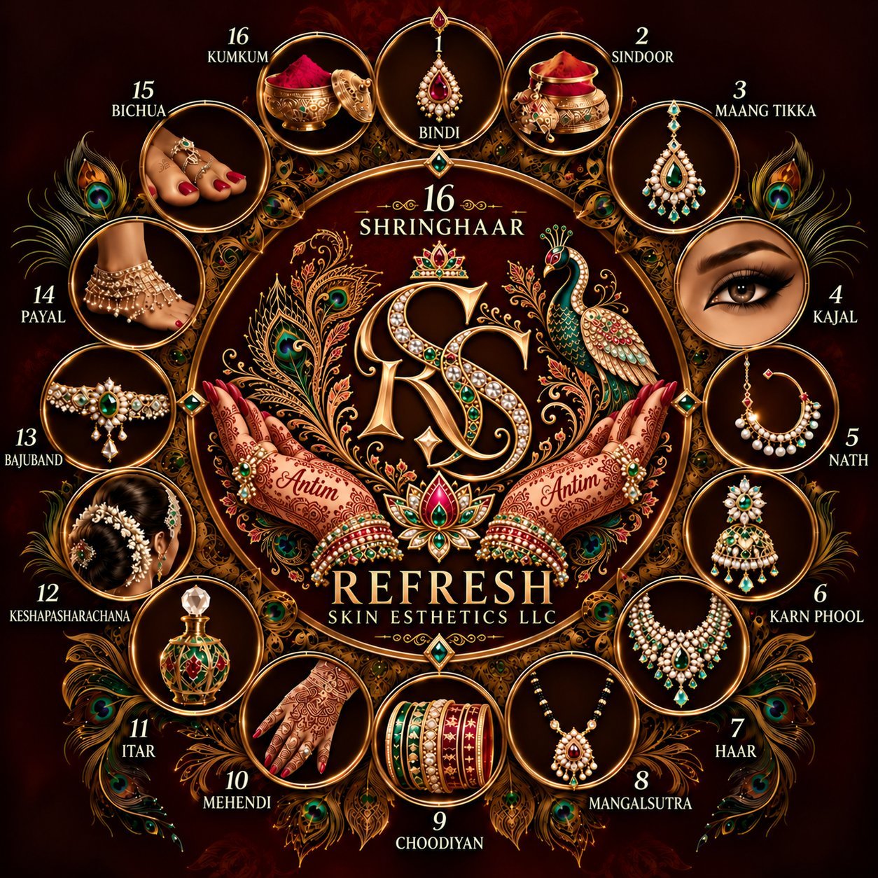 The Solah wheel emblem: a gold RS monogram held by hennaed hands signed Antim, with a peacock and lotus, encircled by the sixteen numbered adornments — Bindi, Sindoor, Maang Tikka, Kajal, Nath, Karn Phool, Haar, Mangalsutra, Choodiyan, Mehendi, Itar, Keshapasharachana, Bajuband, Payal, Bichua and Kumkum — for Refresh Skin Esthetics LLC
